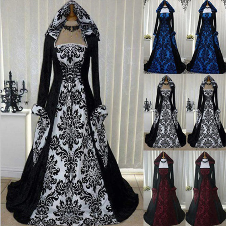 Halloween Hooded Dress Medieval Vintage Goth Stage Party Dress With Flared Sleeves Cosplay Costume Women Long Gown Dresses