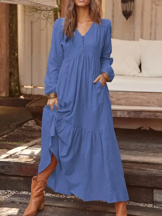 Cotton Linen Women Long Dress.New Look Fashion V-Neck Casual Solid Long Sleeve A-Line Sexy  Elegant Ruffles