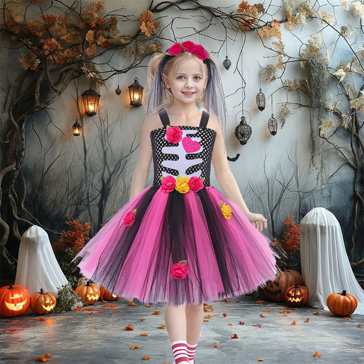 Halloween Kids Dress Cosplay Heart Print Skeleton Costumes Girls Floral Skull Tutu Clothes Children Carnival Performance Outfits