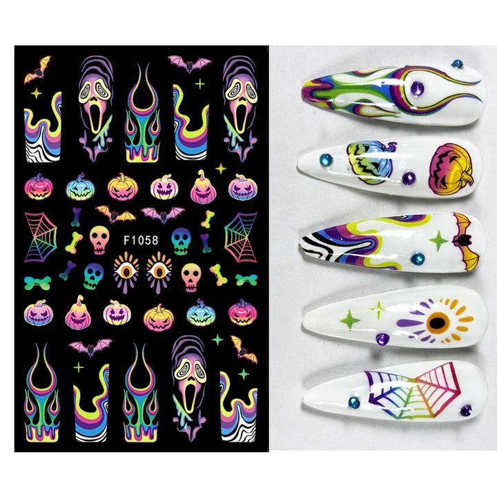 Halloween Nail Art Stickers Pumpkin Skull Cartoon Sticker For Women and Girls Press On Nails Decals Holloween Nail Art Supplies