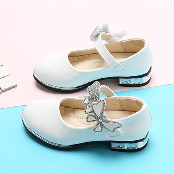 Girls Leather Shoes 2022 Spring Summer PU Patent Leather Kids Dress Shoes High Heels Butterfly-knot Dress Shoes for Wedding Chic