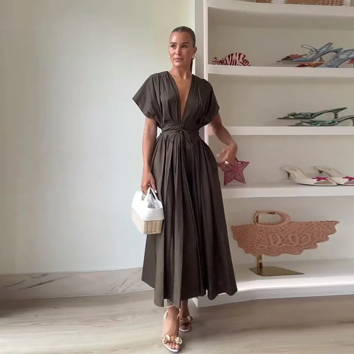 Elegant Pleated Lace Up Long Dress Deep V-neck Flying Sleeve A-line Party Dress Office All-match Chic Robes