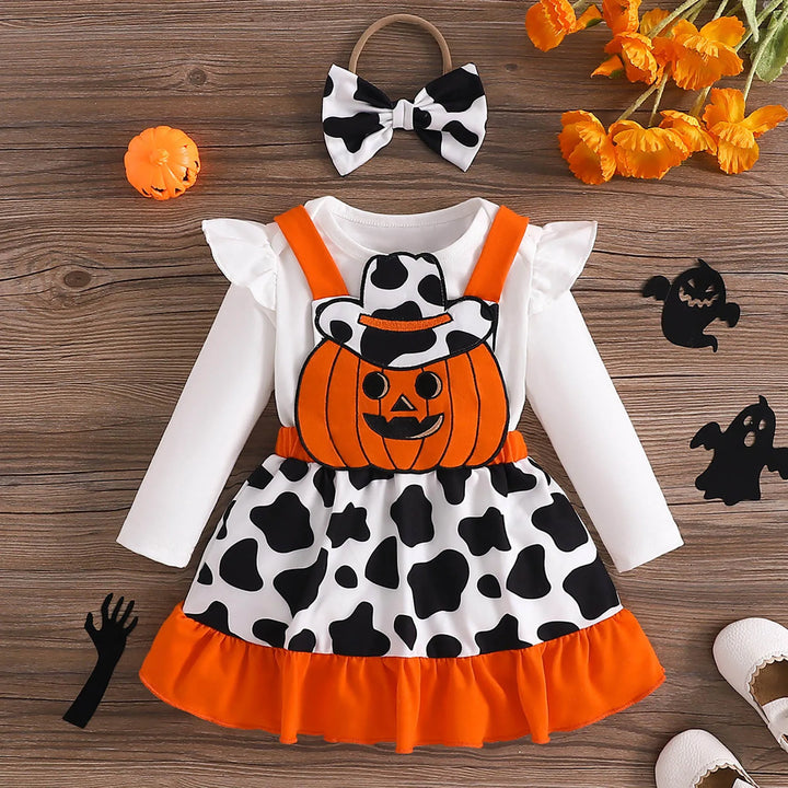 Baby Girls Halloween Clothing Set Cute Ghost Pumpkin Face Applique Suspender Dress with Rompers Carnival Party Cosplay Costume