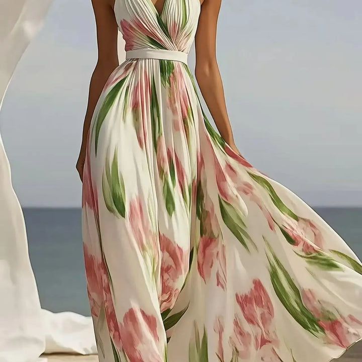 Summer Women's V-neck Fashionable Printed  Style Long Suspender Dress Elegant Long Dress