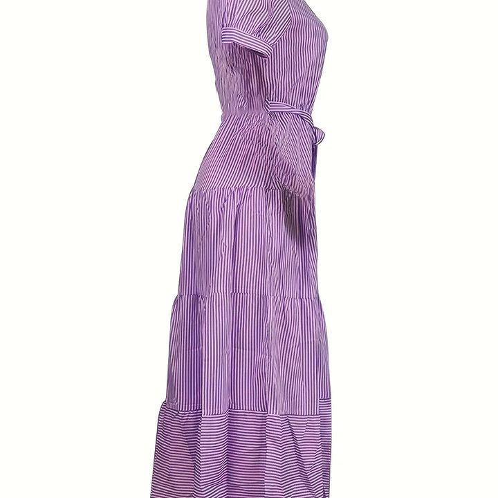 New Fashion Stripe Printed Short Sleeve Loose Waist Strap Long Collar Ankle Single Breasted Dress