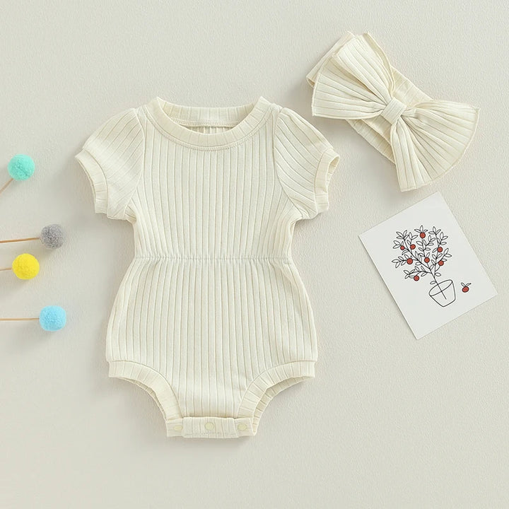 Newborn Baby Girl Clothes Solid Color Ribbed Knit Short Sleeve Romper Bodysuit Jumpsuit with Headband Summer Outfit