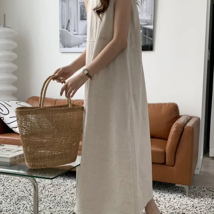 Cotton Linen Women Tank Dress Solid Sleeveless O-neck Casual Loose Straight Long .