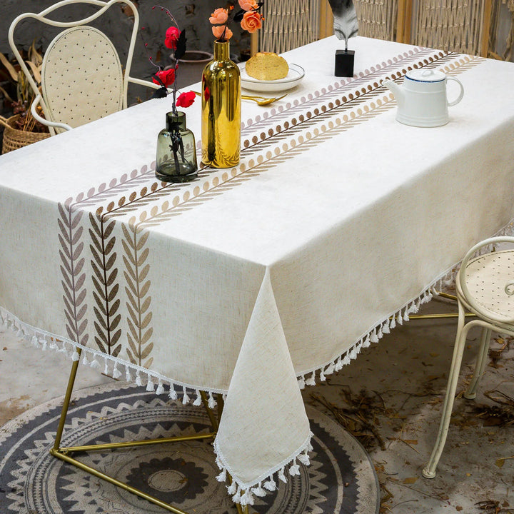 orthern European simple tassel cotton linen table cloth embroidery flower leaves party American decorative dust table cloth