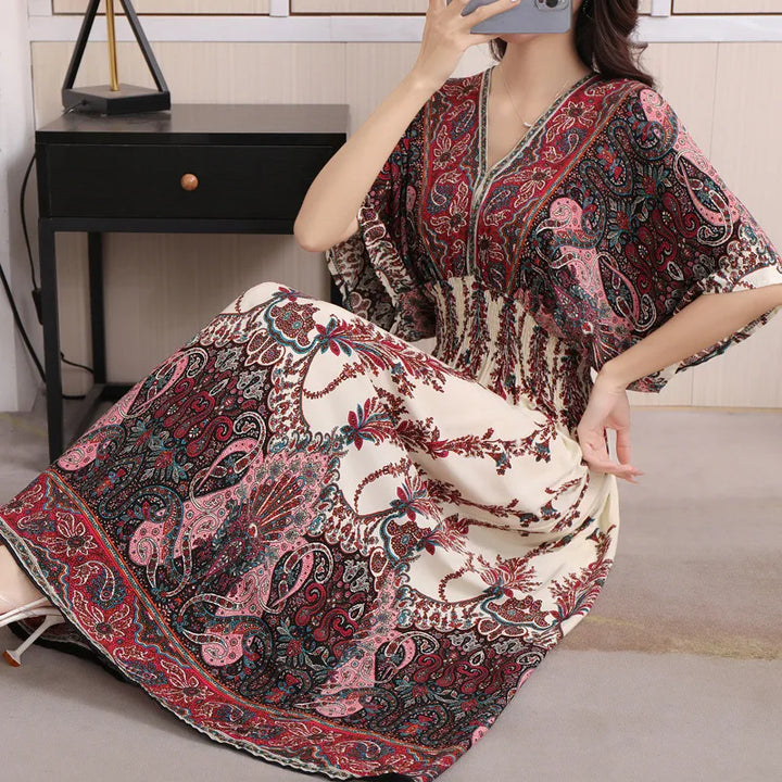 V-neck Large Skirt Hem Casual Sweet Long Dress Bat Sleeves Elastic Waist Bohemian Print Floral Elegant .