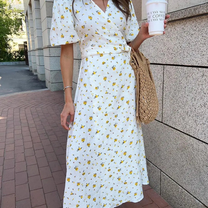Bornladie Women Printed Lace Up D Short Sleeve Fashion Office Lady Long Dress 100% Cotton Daily Casual V-neck