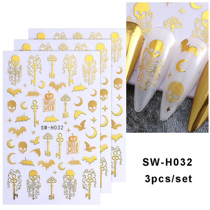 3pcs Halloween Nail Stickers Golden Skeleton Pumpkin Bat Key Nail Decal y2k Star Punk Gothic Nail Supplies Manicure Decoration