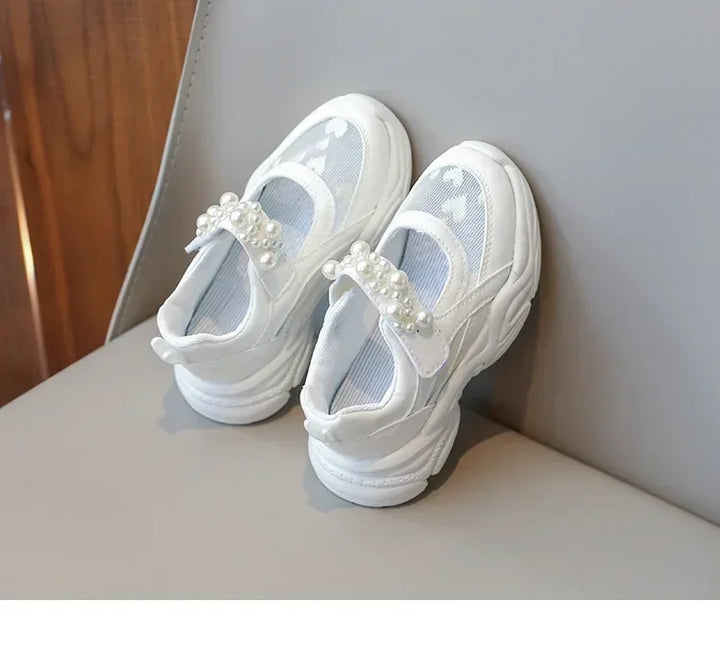 Children's Sneakers New Mesh Sports Shoes Spring Autumn Girls Fashion Shallow Breathable Pearl Tennis Kids Causal Flats