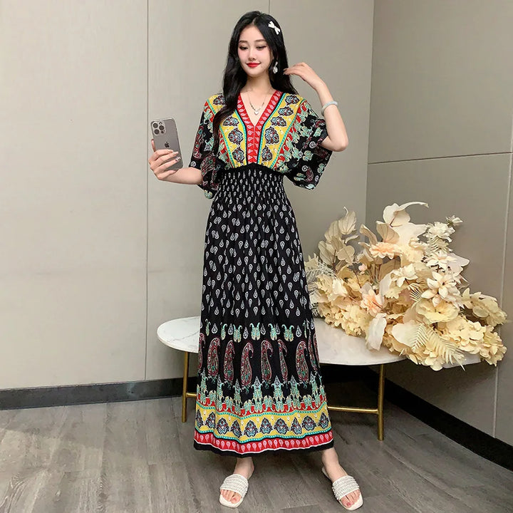 V-neck Large Skirt Hem Casual Sweet Long Dress Bat Sleeves Elastic Waist Bohemian Print Floral Elegant .