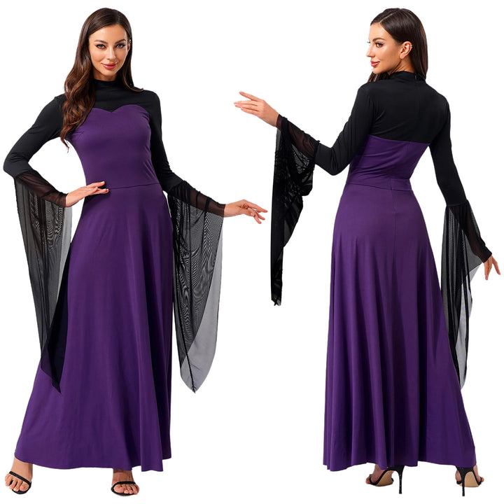 Halloween Costume Vampire Witch Cosplay Costume for Women Flared Mesh Cuffs Medieval Witch Maxi Dresses Masquerade Party Dress