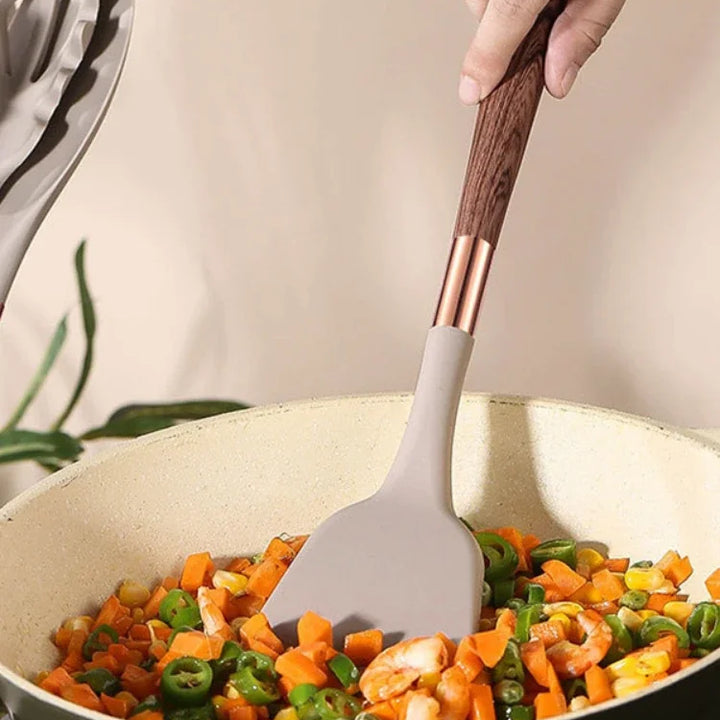 Kitchen Utensils Silicone Cooking Utensils Kitchenware, Gold-plated Wood Grain Handle, Spatula, SpoonsCooking Pots Set