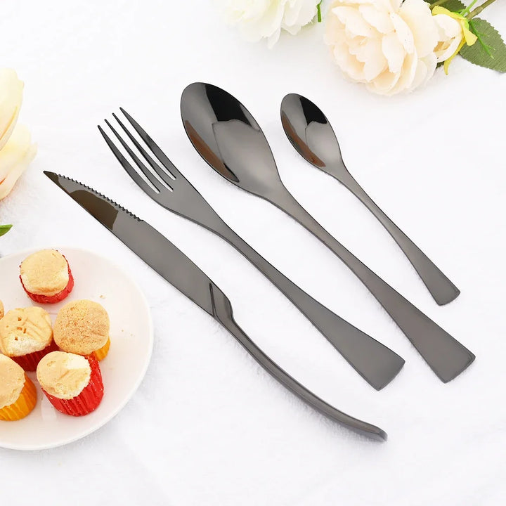 24Pcs Shiny Black Cutlery Set Stainless Steel Dinnerware Sharp Steak Knife Forks Coffee Spoons Tableware Kitchen Silverware Set