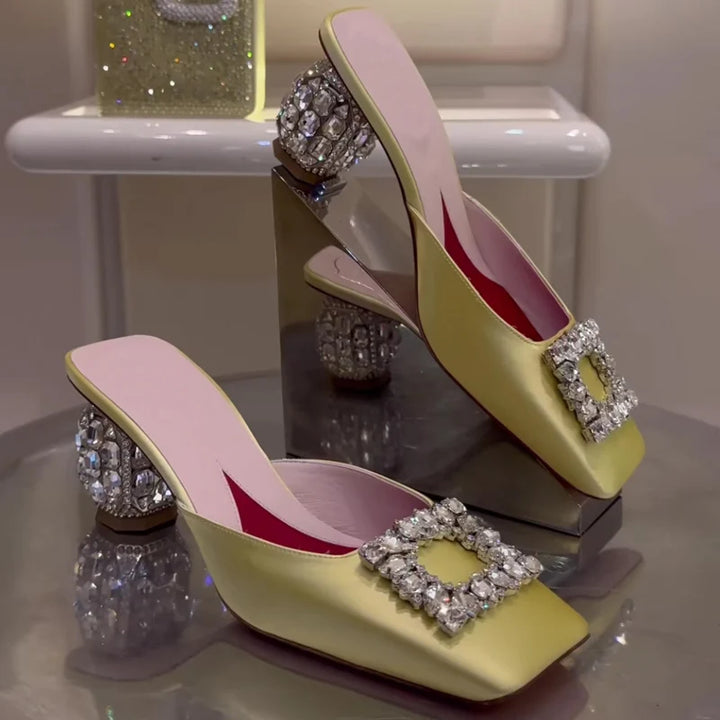 New Rhinestone Pumps Women Square Toe Slip-on Mules Female Crystal High Heels Women Dress Shoes Women sandalias de las mujeres