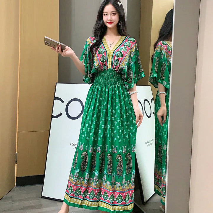 V-neck Large Skirt Hem Casual Sweet Long Dress Bat Sleeves Elastic Waist Bohemian Print Floral Elegant .