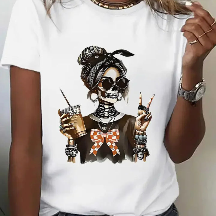Women's Halloween Skeleton Graphic Print T-Shirt Skull Printed Short Sleeve T Shirt Clothing Top Tee Summer Ladies Girls Shirt