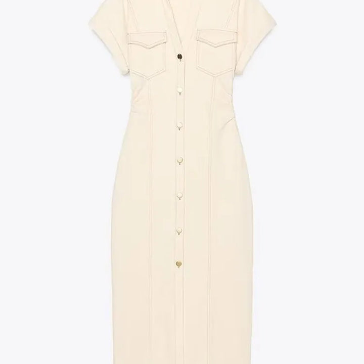 V-neck Denim Dress Fashion Slim Long Dress Chic Short Sleeves Single Button High.