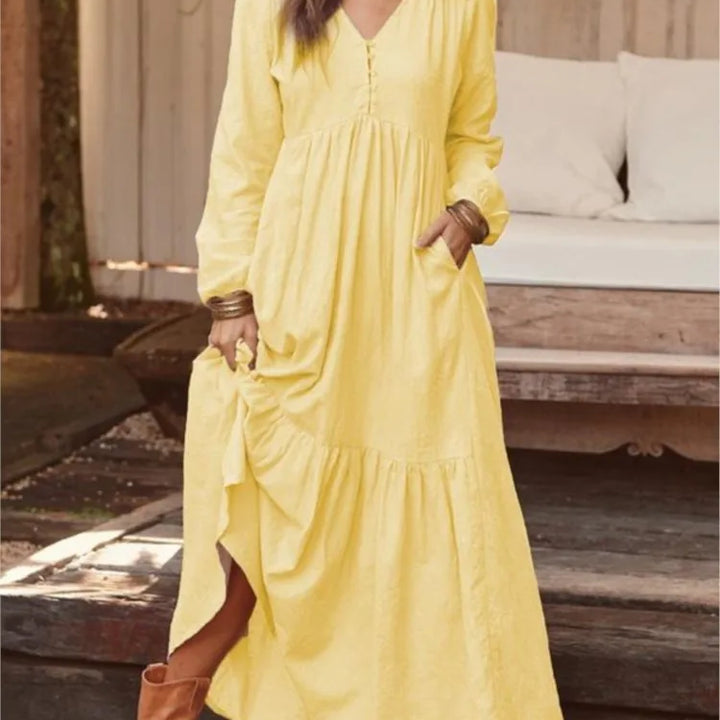Cotton Linen Women Long Dress.New Look Fashion V-Neck Casual Solid Long Sleeve A-Line Sexy  Elegant Ruffles