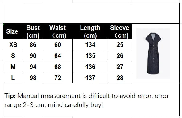 V-neck Denim Dress Fashion Slim Long Dress Chic Short Sleeves Single Button High.