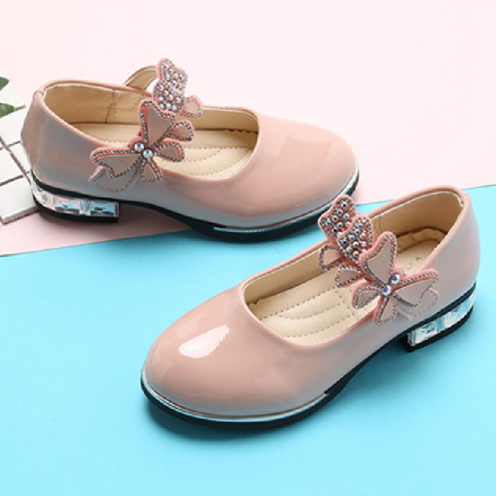 Girls Leather Shoes 2022 Spring Summer PU Patent Leather Kids Dress Shoes High Heels Butterfly-knot Dress Shoes for Wedding Chic