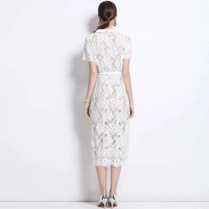 Luxury Crystal White Lace Embroidery Pencil Dress Elegant Short Sleeve Single Breasted Midi Dress.