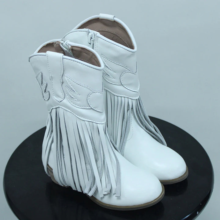 Kids Vintage Western Cowgirls Boots Leather Tassel Princess Low Heeled Knee Boots Cowboys Winter Dress Shoes New Years Christmas