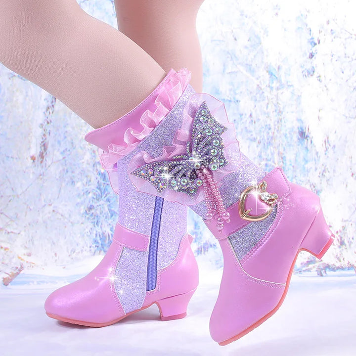 2025 Girls High Heel Boots Children's Sequins Rhindiamonds Butterfly-knot Princess Boots with Velvet Warm Mid-tube Kids Boots