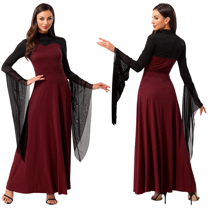Halloween Costume Vampire Witch Cosplay Costume for Women Flared Mesh Cuffs Medieval Witch Maxi Dresses Masquerade Party Dress