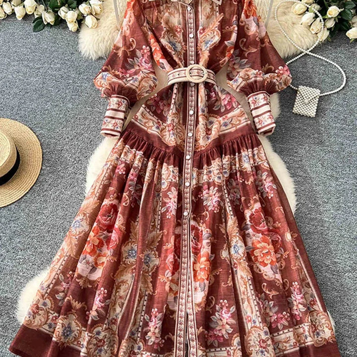 New Retro Court Printed Lapel Lantern Sleeve Cinched Waist Single Breasted Long Sleeve Elegant Long Dress