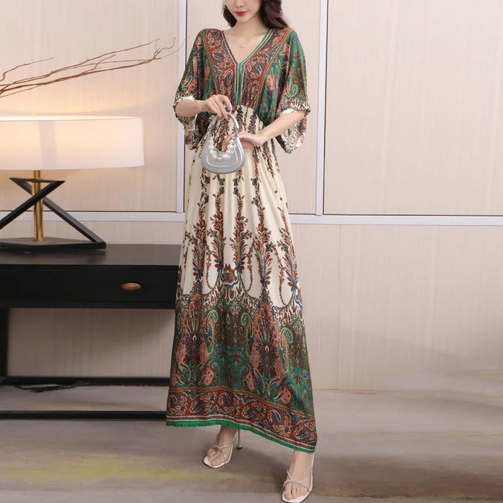 V-neck Large Skirt Hem Casual Sweet Long Dress Bat Sleeves Elastic Waist Bohemian Print Floral Elegant .