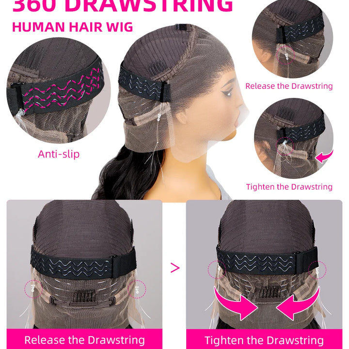 Hidden Strap Straight 360 Lace Front Wigs Human Hair Pre Plucked 12A Glueless Brazilian Virgin Wig With Drawstring HD Full Lace