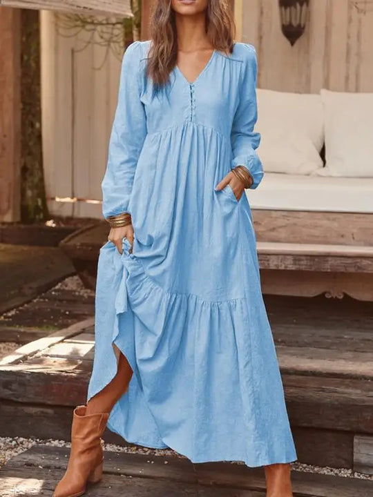Cotton Linen Women Long Dress.New Look Fashion V-Neck Casual Solid Long Sleeve A-Line Sexy  Elegant Ruffles