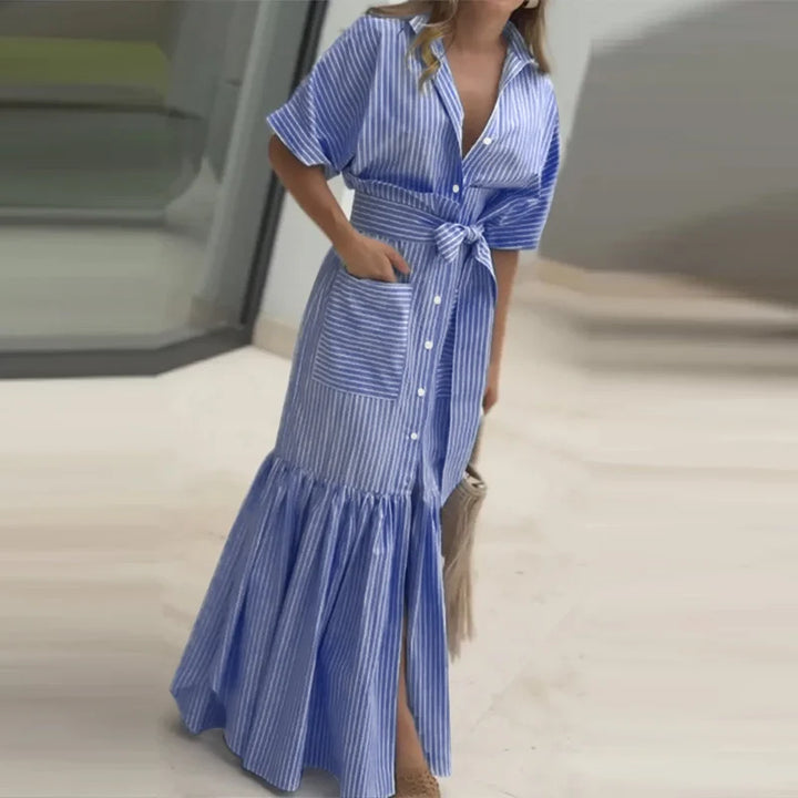 Elegant Striped Printing Short Sleeve Maxi Long Dress Casual Daily Bohemian.