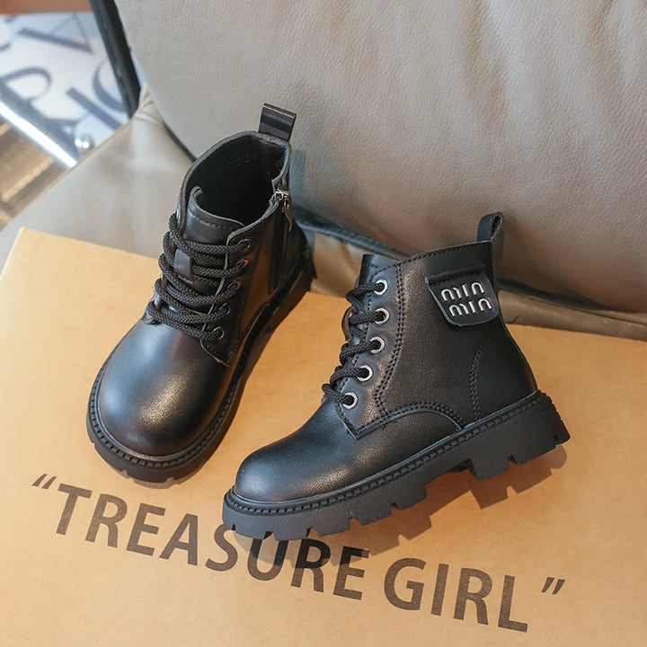 Children Platform Ankle Boots New Round-toe Black Boots for Girl Solid Color Causal Kids Fashion Short Leather Boots Side Zipper