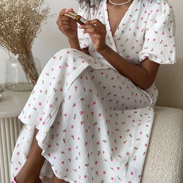 Bornladie Women Printed Lace Up D Short Sleeve Fashion Office Lady Long Dress 100% Cotton Daily Casual V-neck