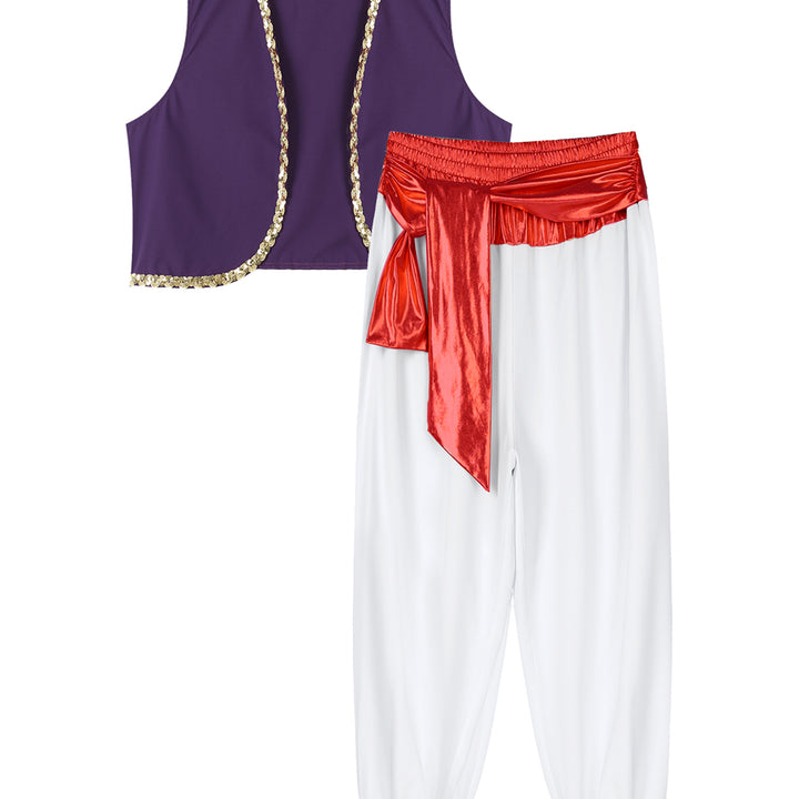 Mens Halloween Costume Mythical Arabian Prince Carnival Cosplay Party Outfit Sequin Trim Waistcoat with Belted Pants