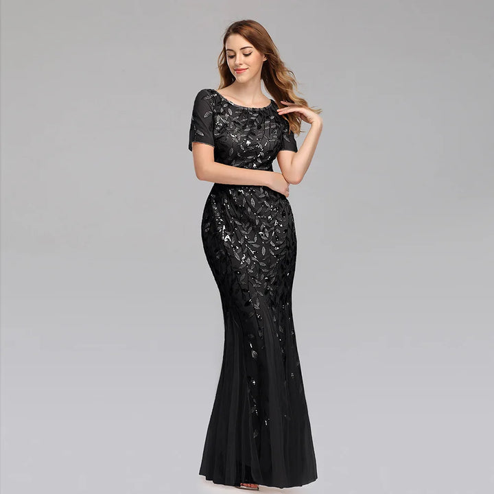 Gorgeous Round Neck Short Sleeves Sequined Mermaid Evening Dress