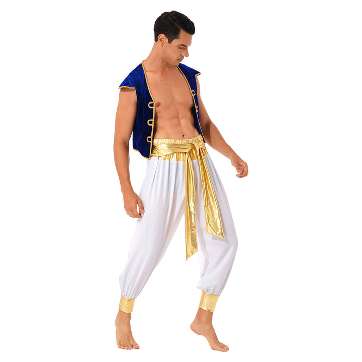 Mens Halloween Costume Mythical Arabian Prince Carnival Cosplay Party Outfit Sequin Trim Waistcoat with Belted Pants