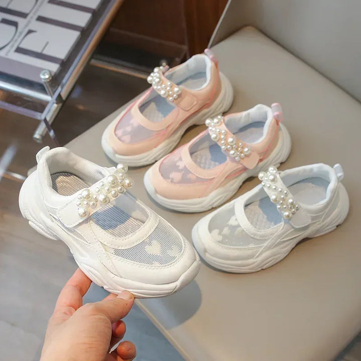Children's Sneakers New Mesh Sports Shoes Spring Autumn Girls Fashion Shallow Breathable Pearl Tennis Kids Causal Flats