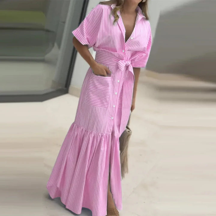 Elegant Striped Printing Short Sleeve Maxi Long Dress Casual Daily Bohemian.