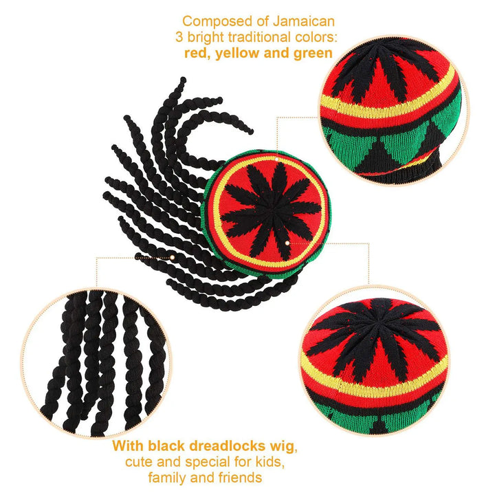 Handmade Crochet Knit False Braid Hat Jamaican Bob Rasta Beanie Cap Dreadlocks Wig Bob Marley Caribbean Fancy Dress Up Headwear