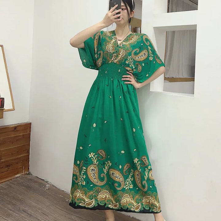 V-neck Large Skirt Hem Casual Sweet Long Dress Bat Sleeves Elastic Waist Bohemian Print Floral Elegant .