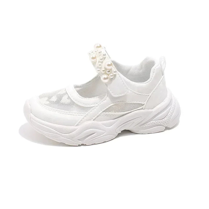 Children's Sneakers New Mesh Sports Shoes Spring Autumn Girls Fashion Shallow Breathable Pearl Tennis Kids Causal Flats