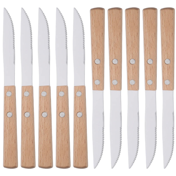 6/10Pcs flatware Set Natural Wood Handle Steak Knives Cutlery Stainless Steel Dinner Knife Dinnerware Kitchen Silverware Set