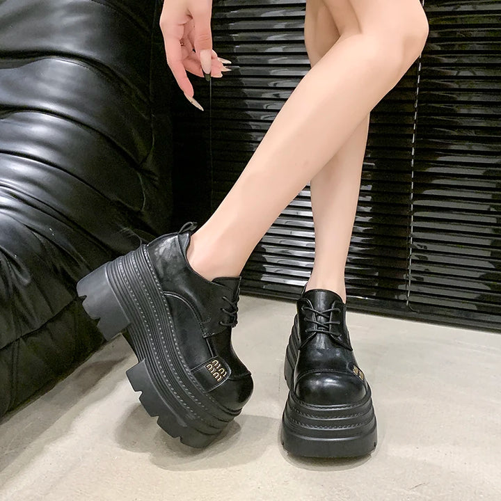 Women's Leather Sneakers New High Platform Lace-up Casual Shoes Thick Sole 10CM Heels Walking Shoes Zapatos Mujer