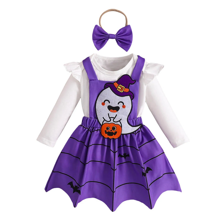 Baby Girls Halloween Clothing Set Cute Ghost Pumpkin Face Applique Suspender Dress with Rompers Carnival Party Cosplay Costume