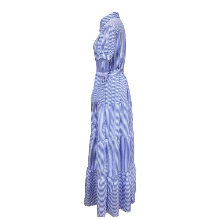 New Fashion Stripe Printed Short Sleeve Loose Waist Strap Long Collar Ankle Single Breasted Dress